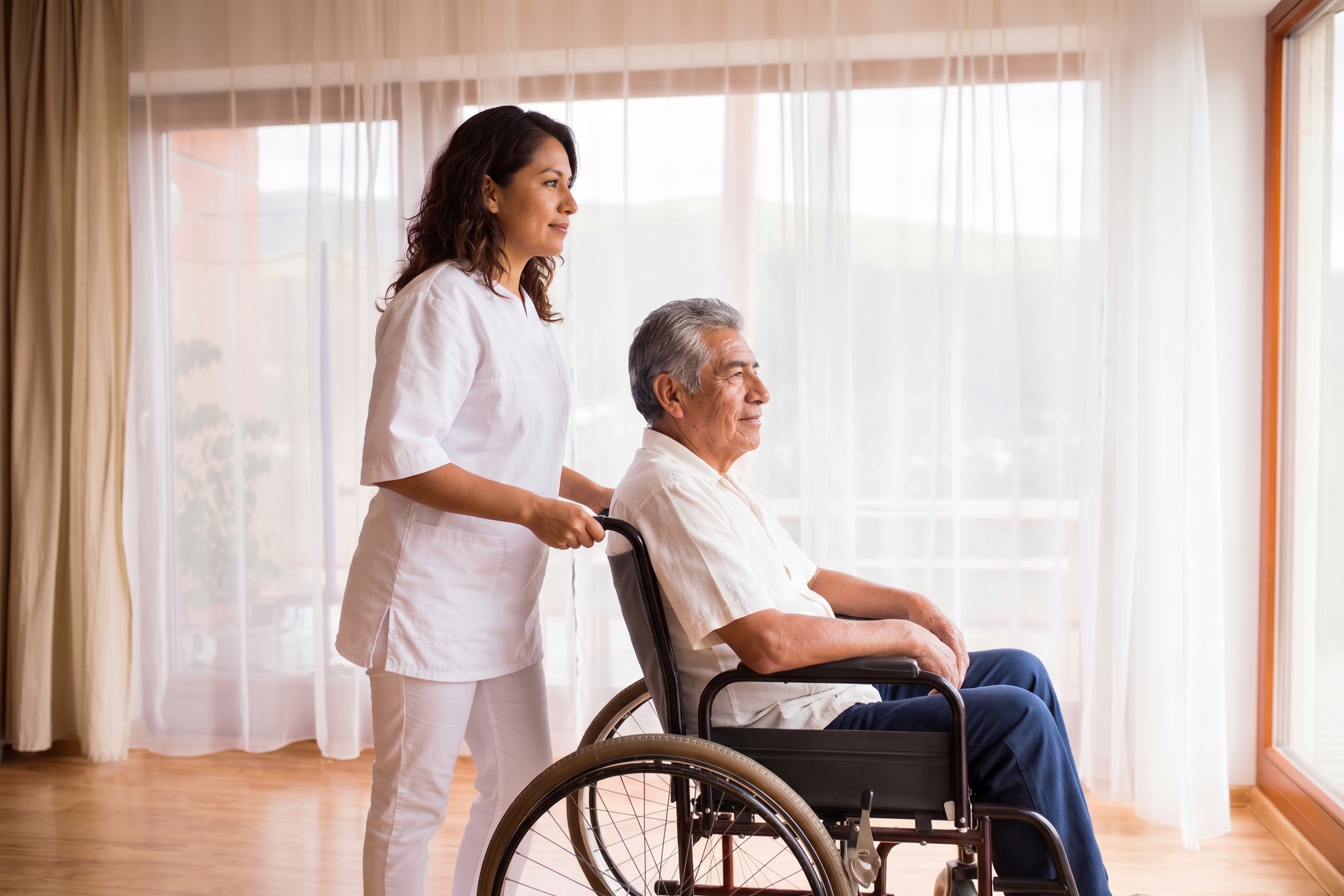 Adulto mayor acompañado por un familiar, ambos sonrientes y en un entorno hogareño